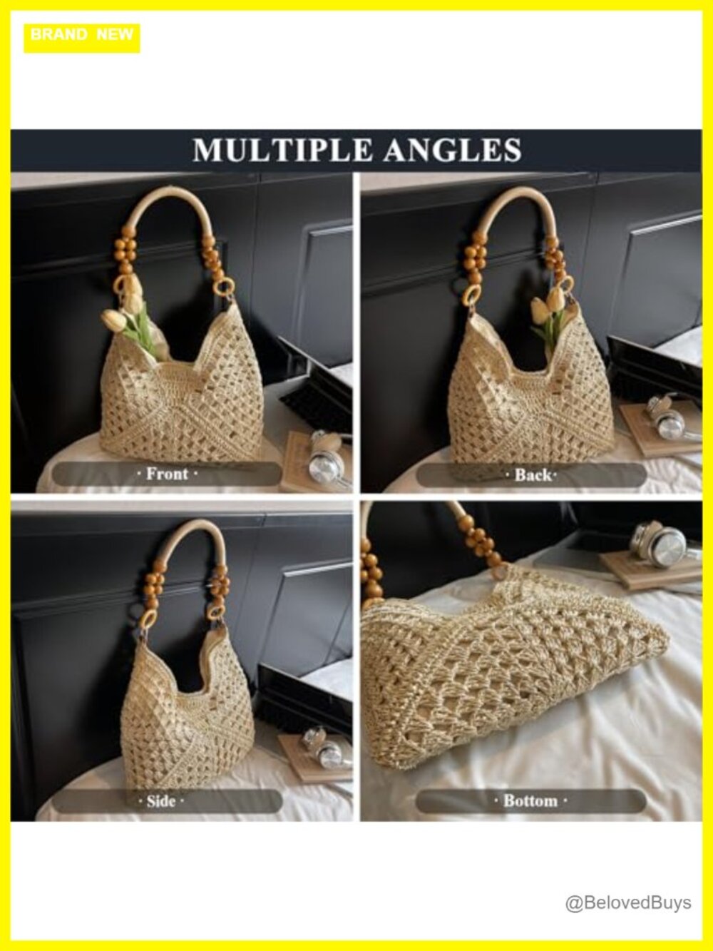 Straw Hobo Tote Bag Woven Beach Shoulder Purse for Vacation - Picture 5 of 6